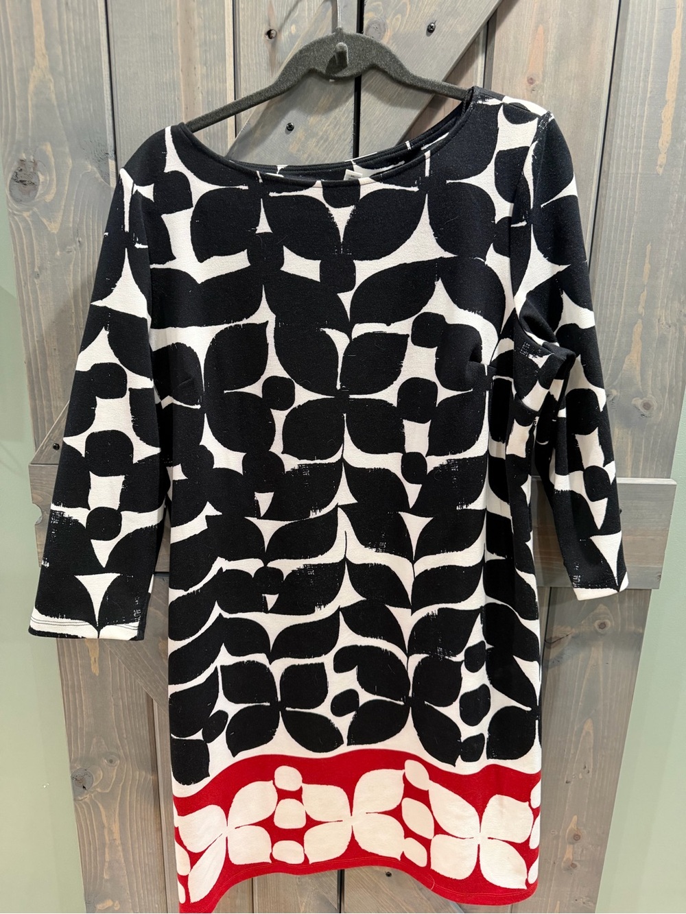 London Style Collection Dress XL Black White Red Floral Shift 3/4 Sleeve